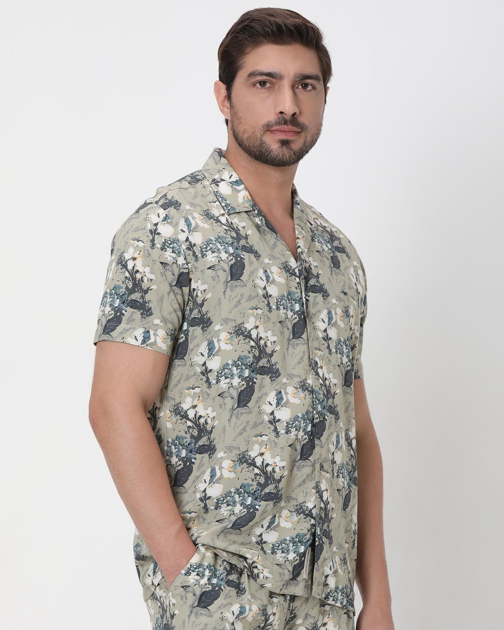 Olive Floral Print Slim Fit Casual Shirt