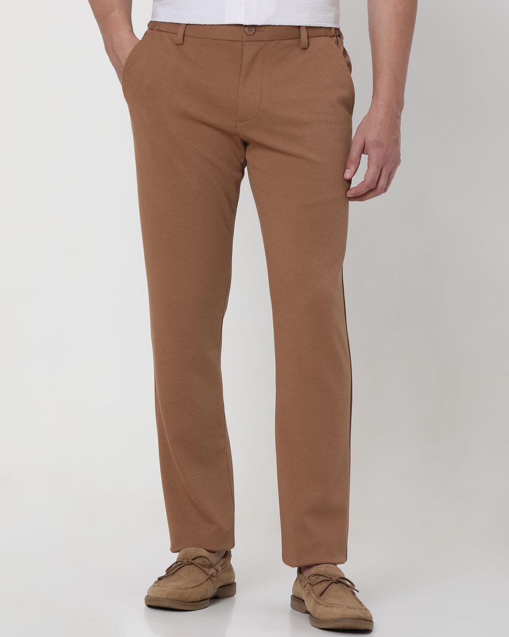 Khaki Slim Fit Textured Jersey Stretch Chinos