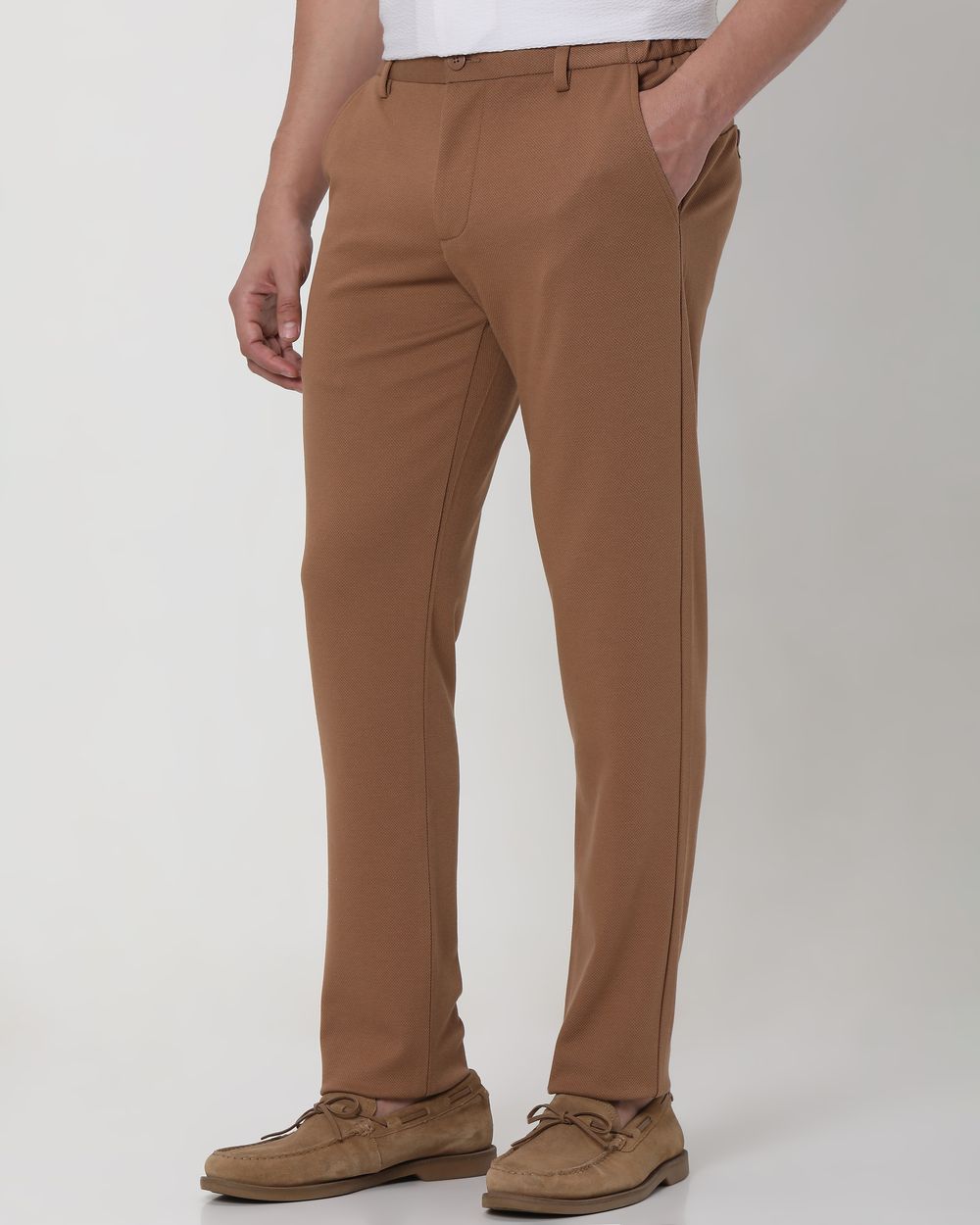Khaki Slim Fit Textured Jersey Stretch Chinos