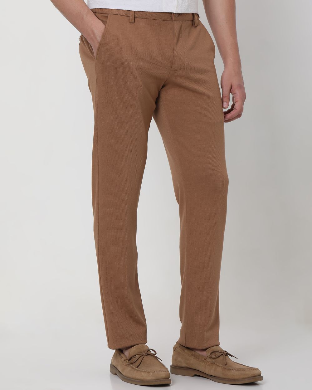 Khaki Slim Fit Textured Jersey Stretch Chinos