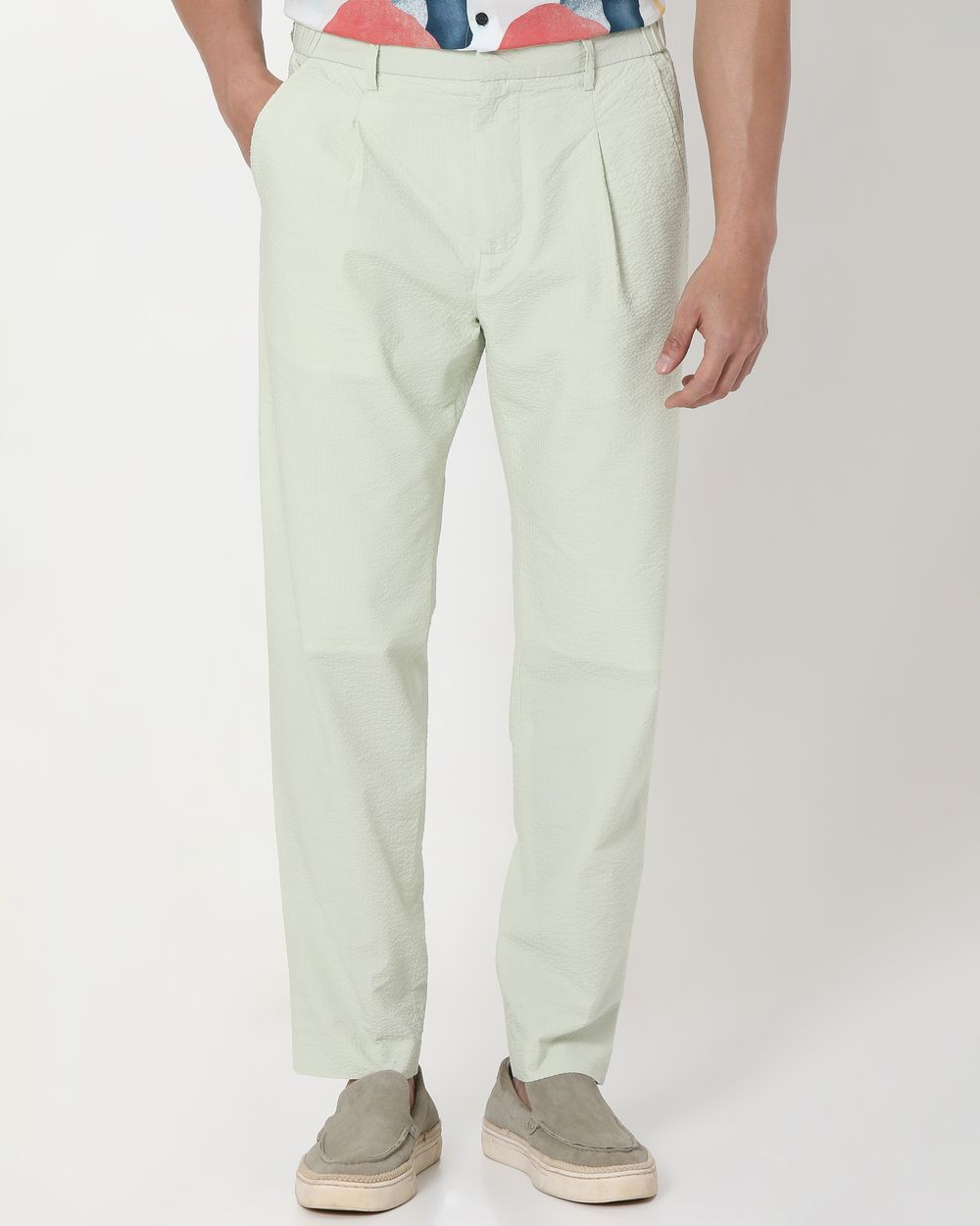 Buy Light Green Relaxed Tapered Fit Seersucker Single Pleat Trouser Online at Muftijeans