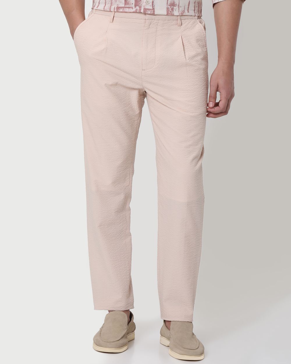 Peach Relaxed Tapered Fit Seersucker Single Pleat Trouser