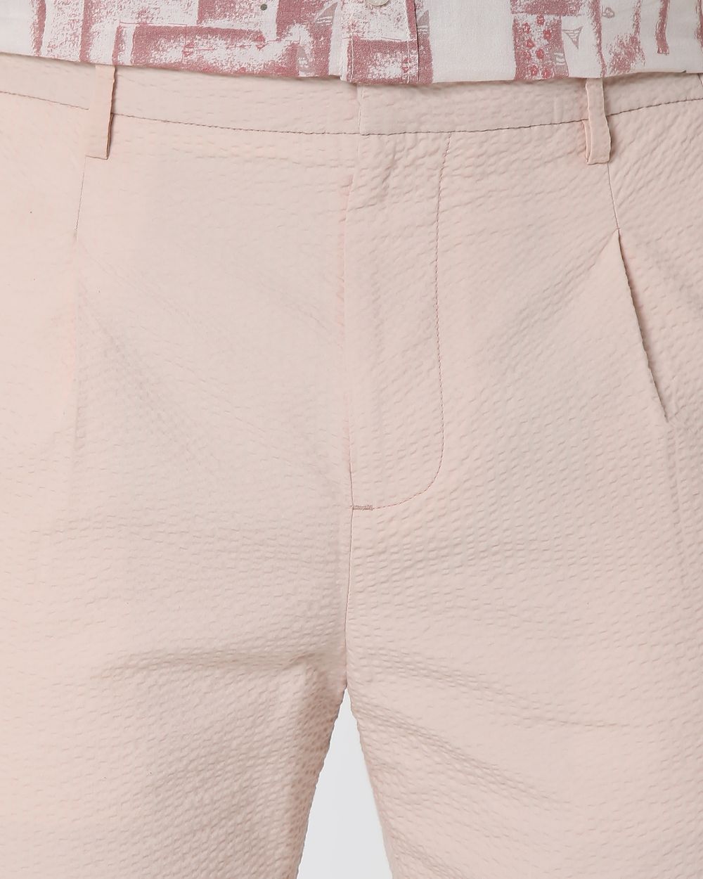 Peach Relaxed Tapered Fit Seersucker Single Pleat Trouser