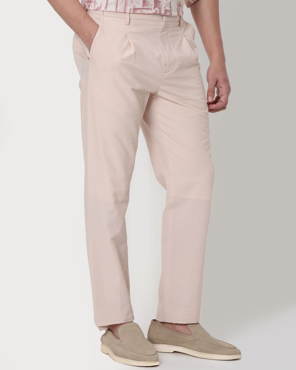 Peach Relaxed Tapered Fit Seersucker Single Pleat Trouser