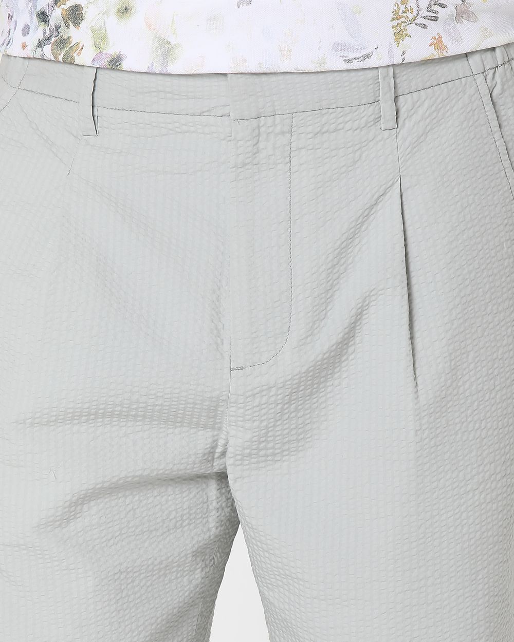 Beige Relaxed Tapered Fit Seersucker Single Pleat Trouser