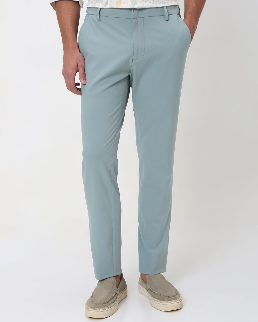 Light Green Slim Fit Textured Jersey Stretch Chinos Trouser