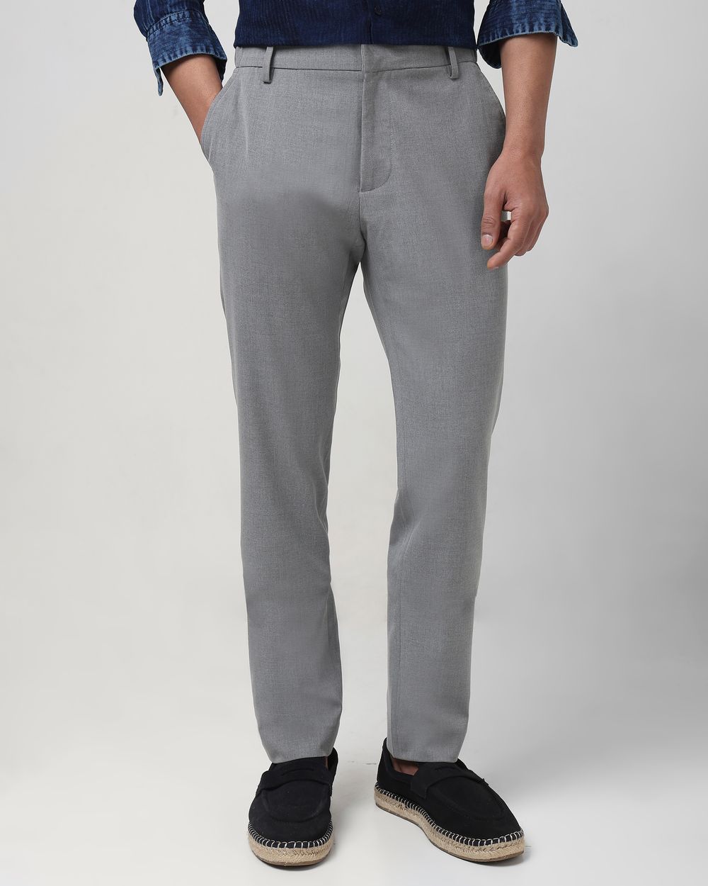 Grey Slim Fit Textured Jersey Stretch Chinos