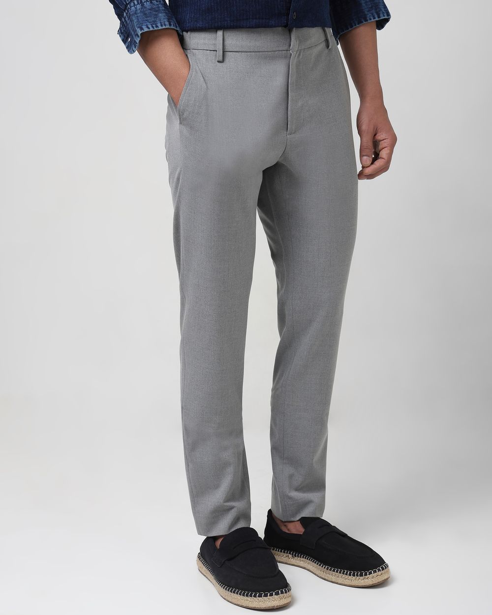 Grey Slim Fit Textured Jersey Stretch Chinos