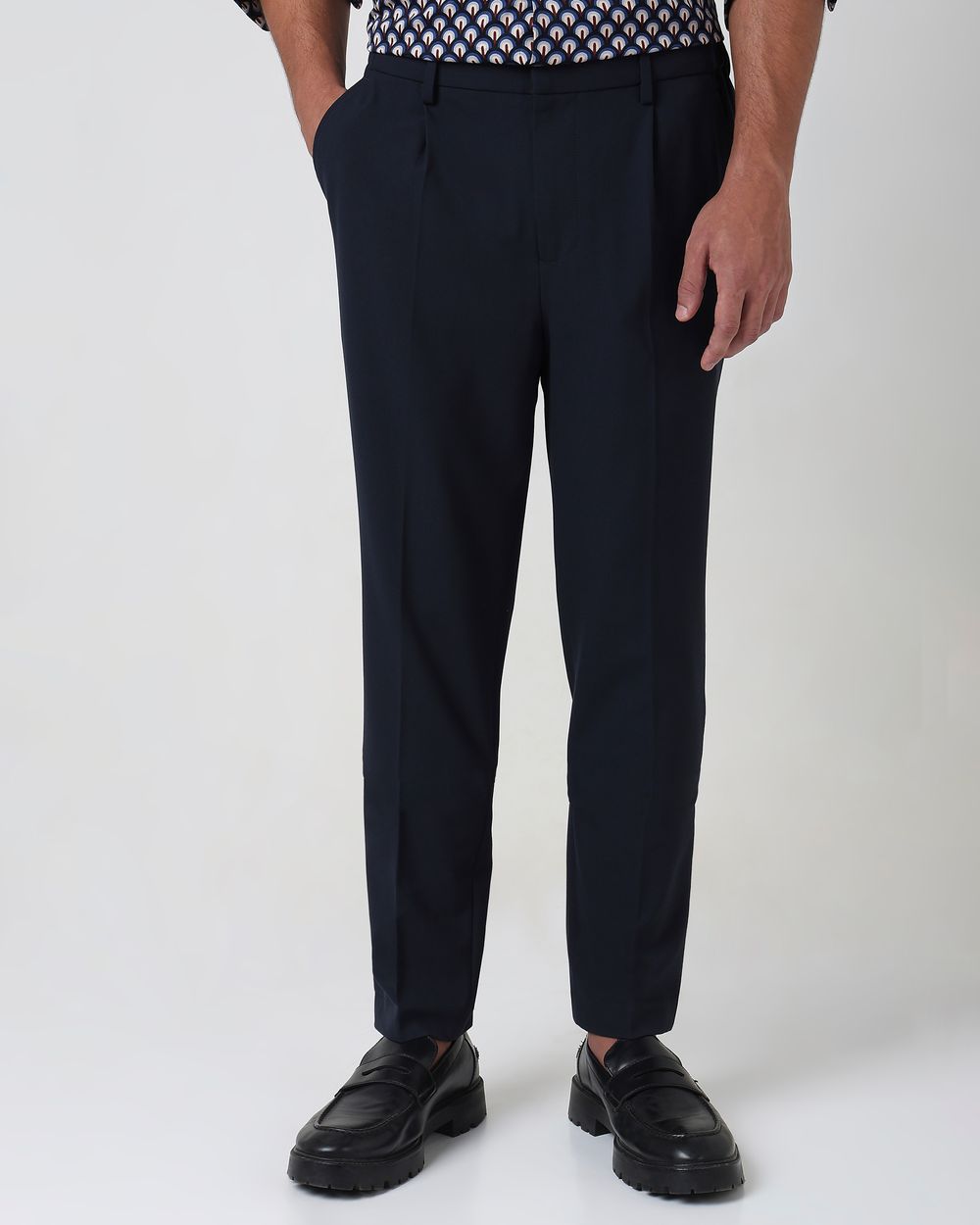 Navy Relaxed Tapered Fit Single Pleated Trouser