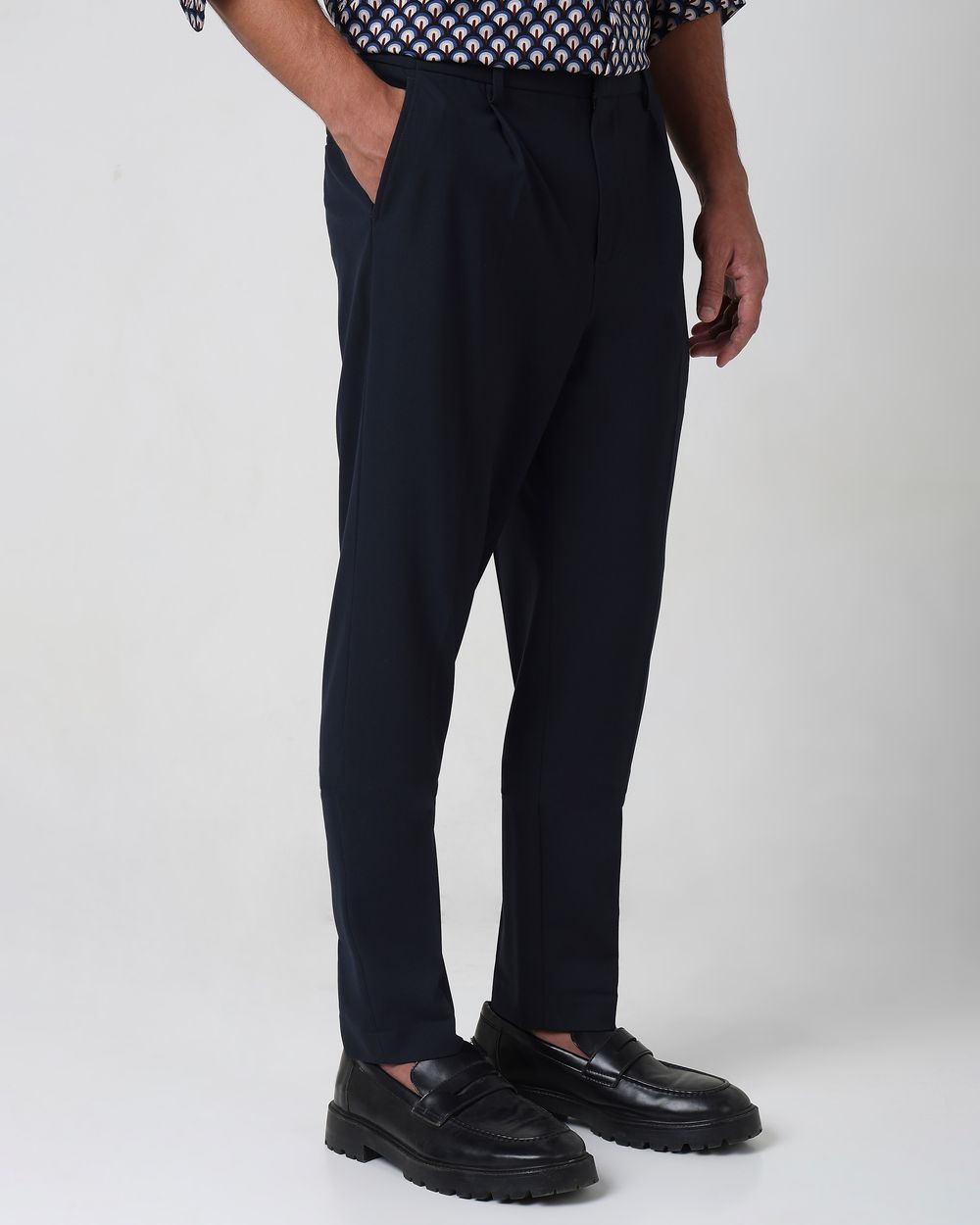Navy Relaxed Tapered Fit Single Pleated Trouser