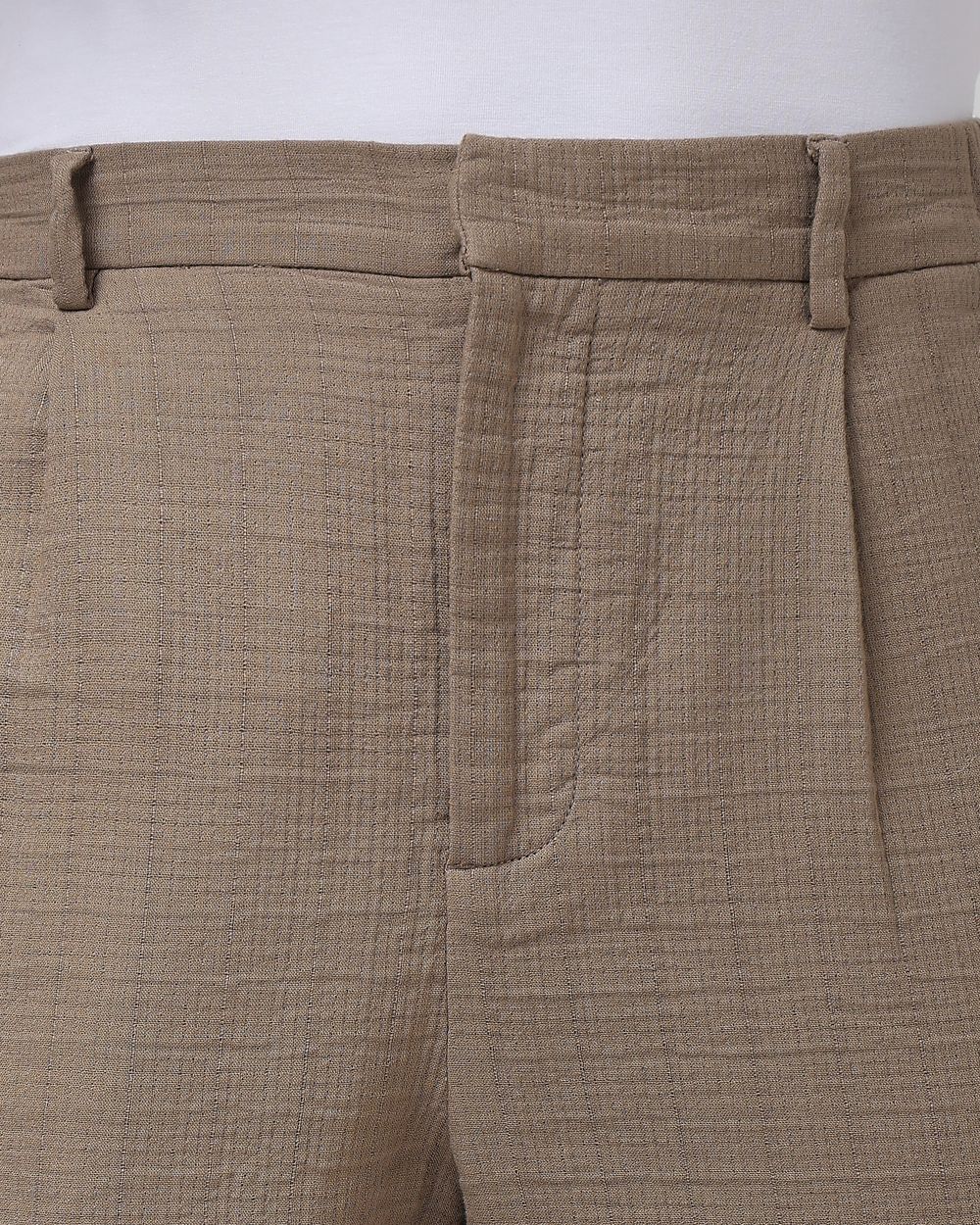 Khaki Relaxed Tapered Fit Seersucker Single Pleat Trouser