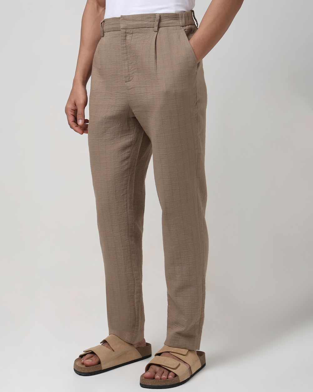 Khaki Relaxed Tapered Fit Seersucker Single Pleat Trouser