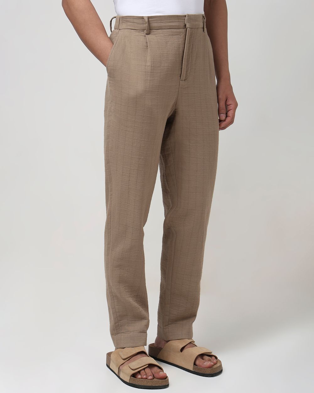 Khaki Relaxed Tapered Fit Seersucker Single Pleat Trouser