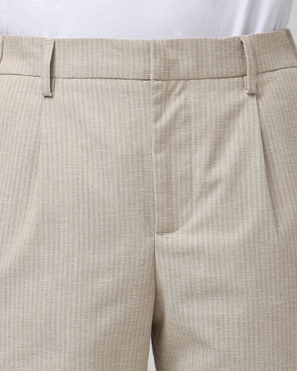Beige Relaxed Tapered Fit Seersucker Single Pleat Trouser