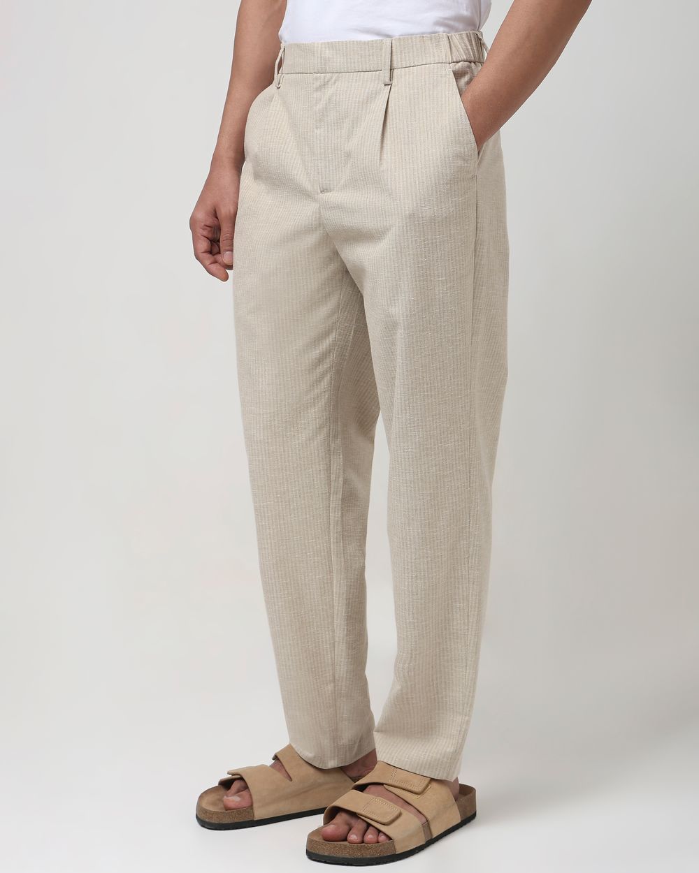 Beige Relaxed Tapered Fit Seersucker Single Pleat Trouser