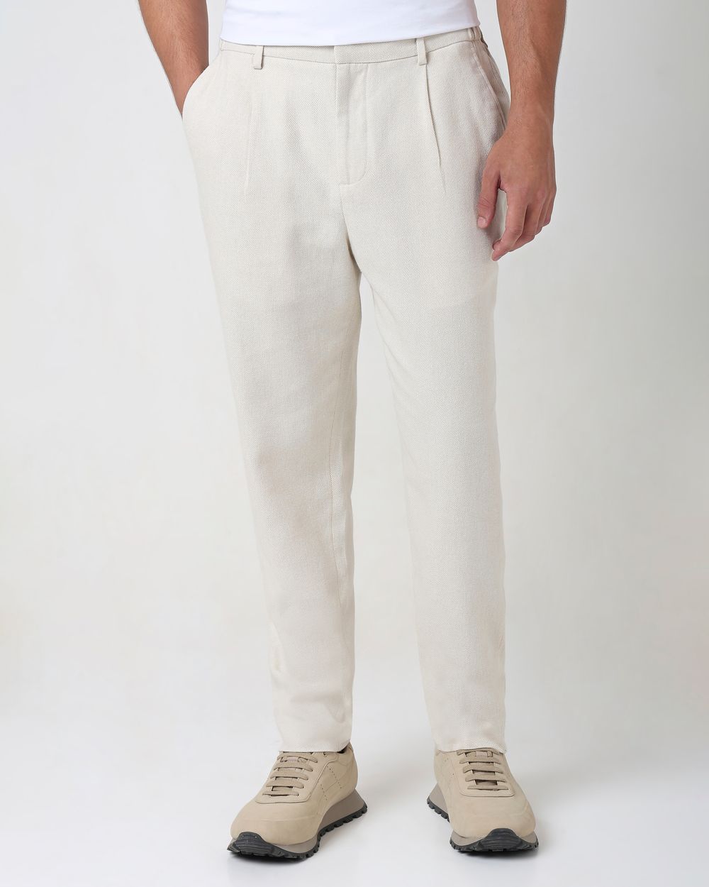 Beige Relaxed Tapered Fit Seersucker Single Pleat Trouser