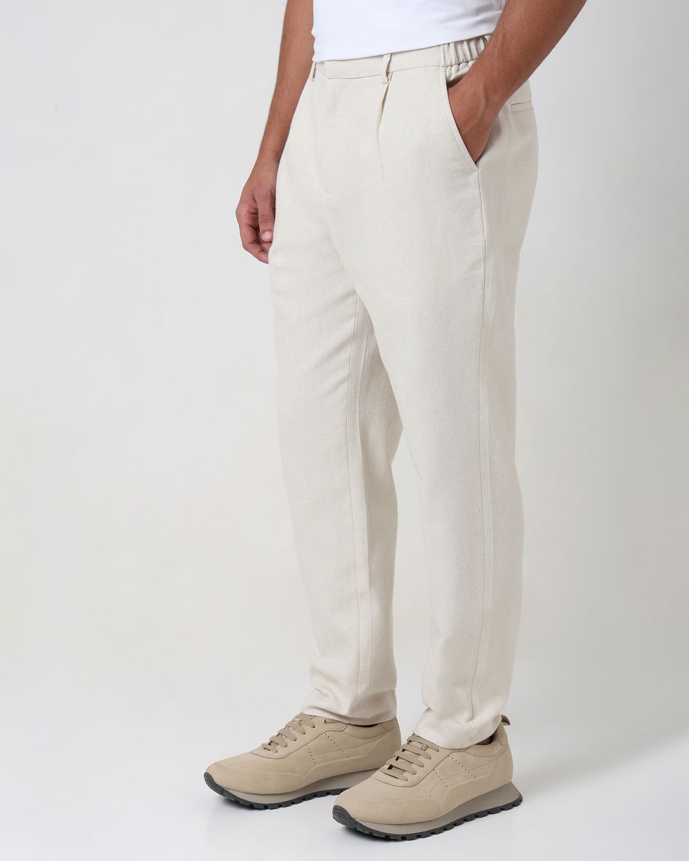 Beige Relaxed Tapered Fit Seersucker Single Pleat Trouser