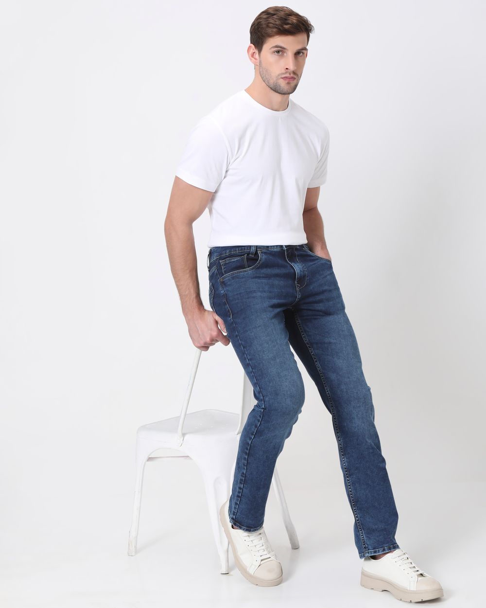 Dark Indigo Blue Straight Fit Denim Deluxe Stretch Jeans