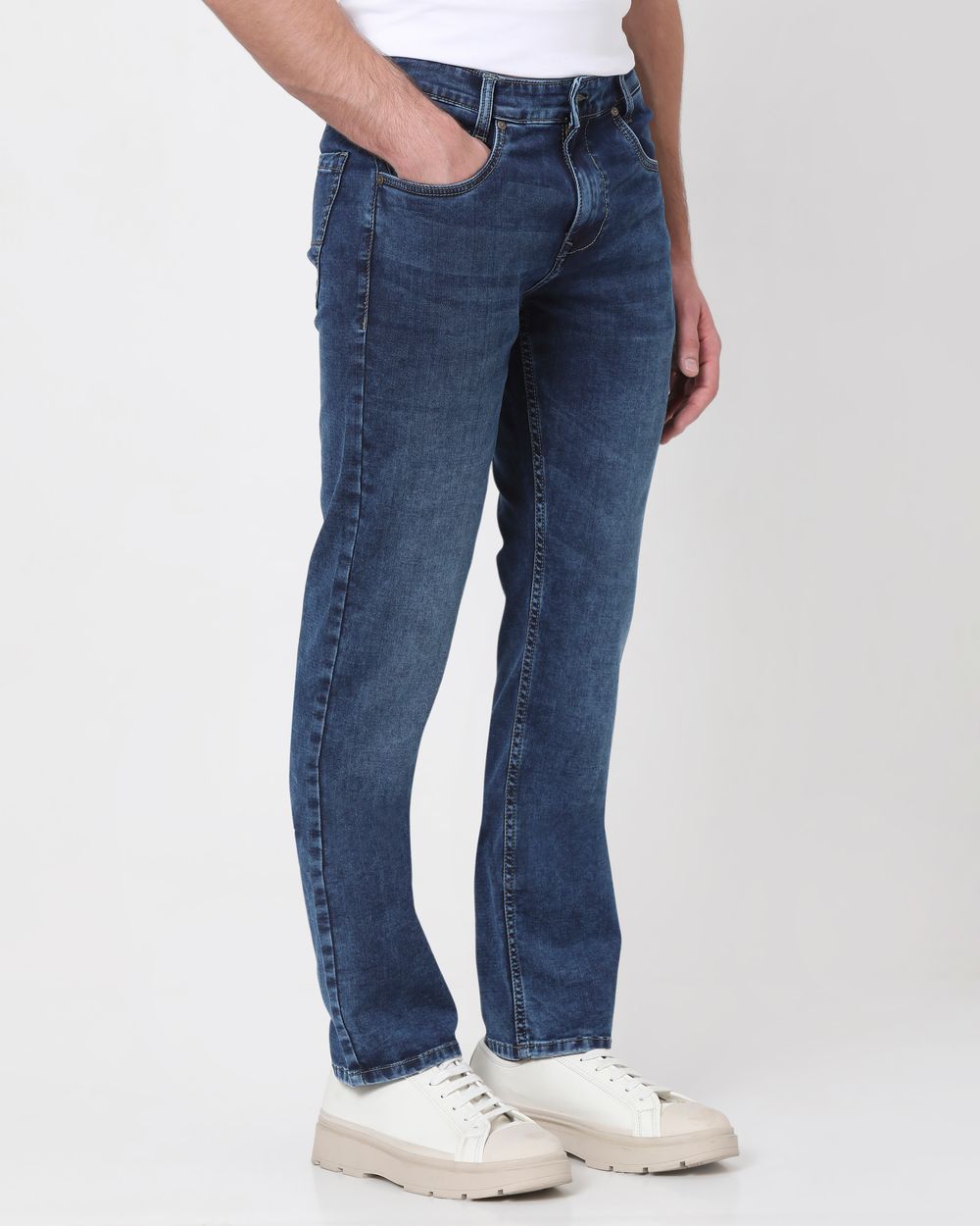 Dark Indigo Blue Straight Fit Denim Deluxe Stretch Jeans
