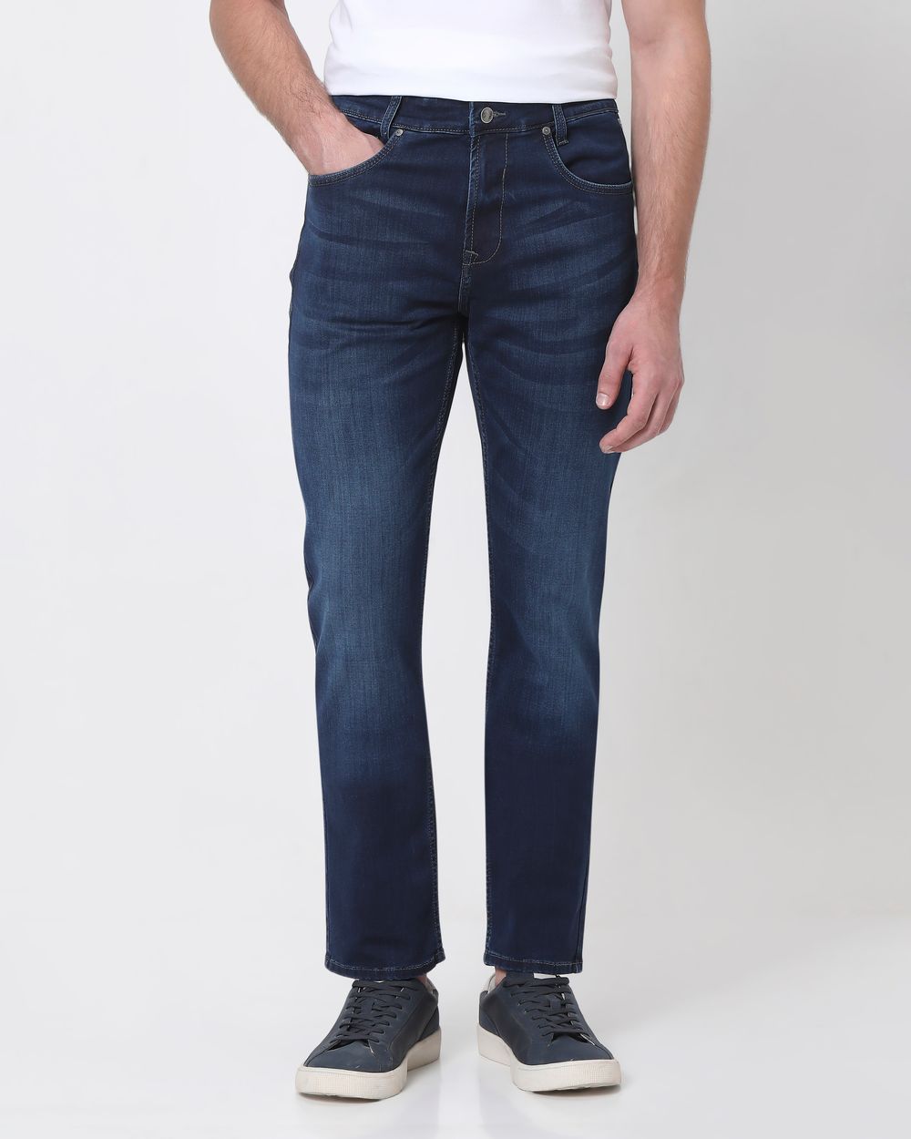Dark Indigo Blue Relaxed Straight Fit Denim Deluxe Stretch Jeans