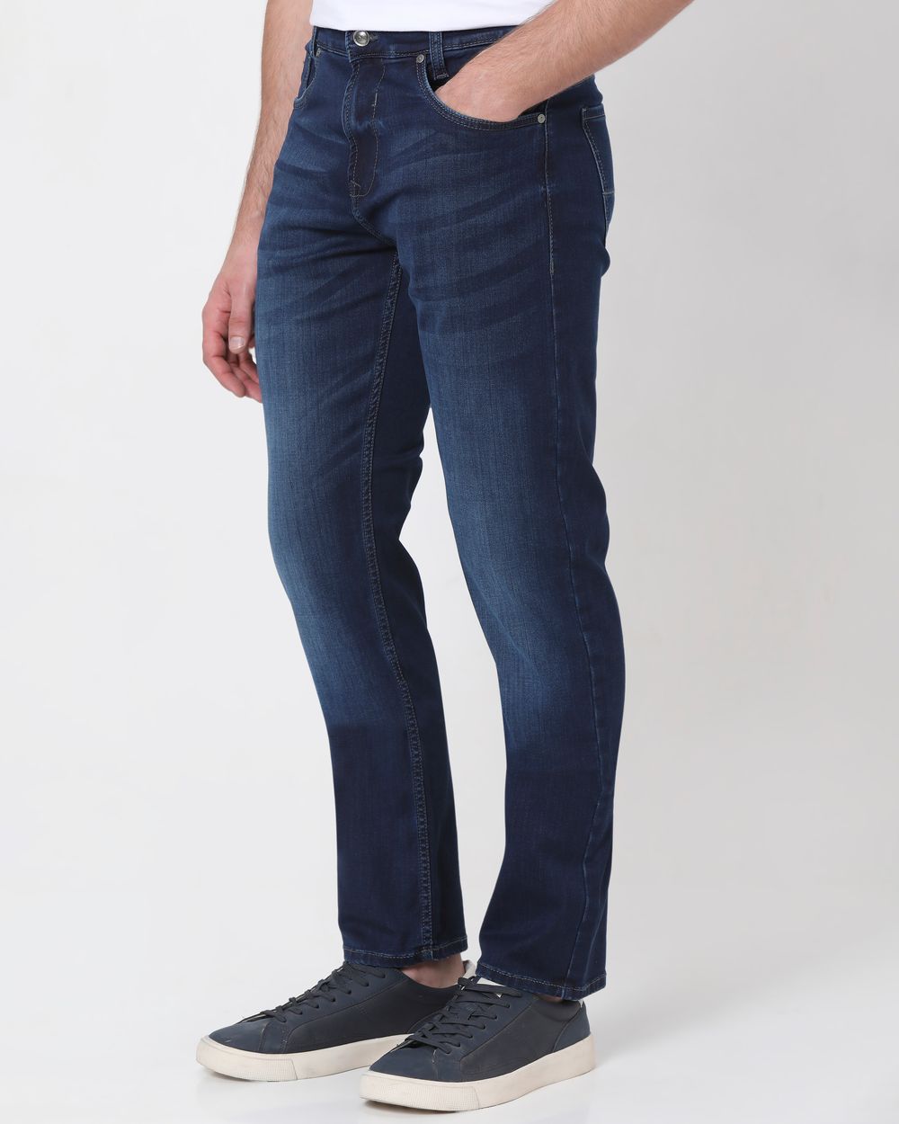 Dark Indigo Blue Relaxed Straight Fit Denim Deluxe Stretch Jeans