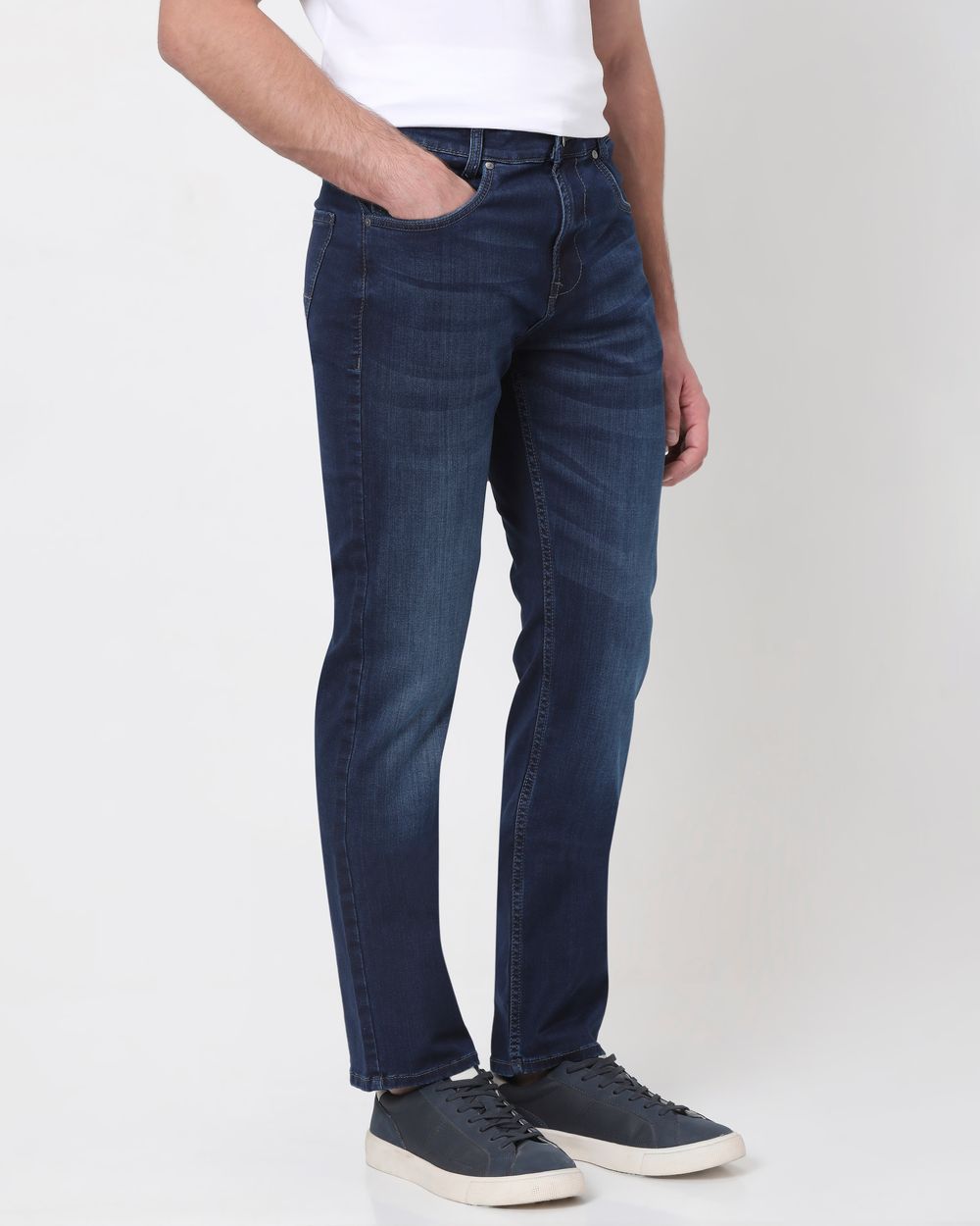 Dark Indigo Blue Relaxed Straight Fit Denim Deluxe Stretch Jeans