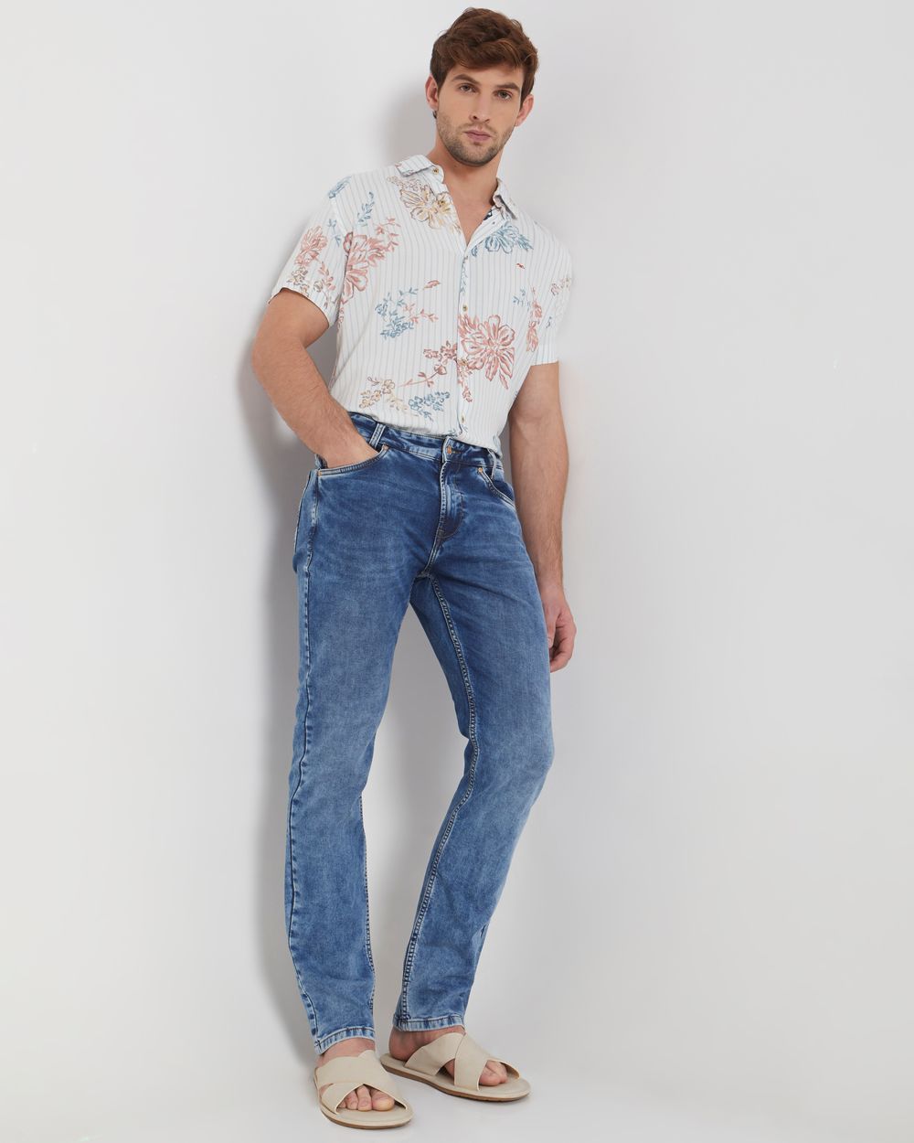 Mid Blue Relaxed Straight Fit Denim Deluxe Stretch Jeans