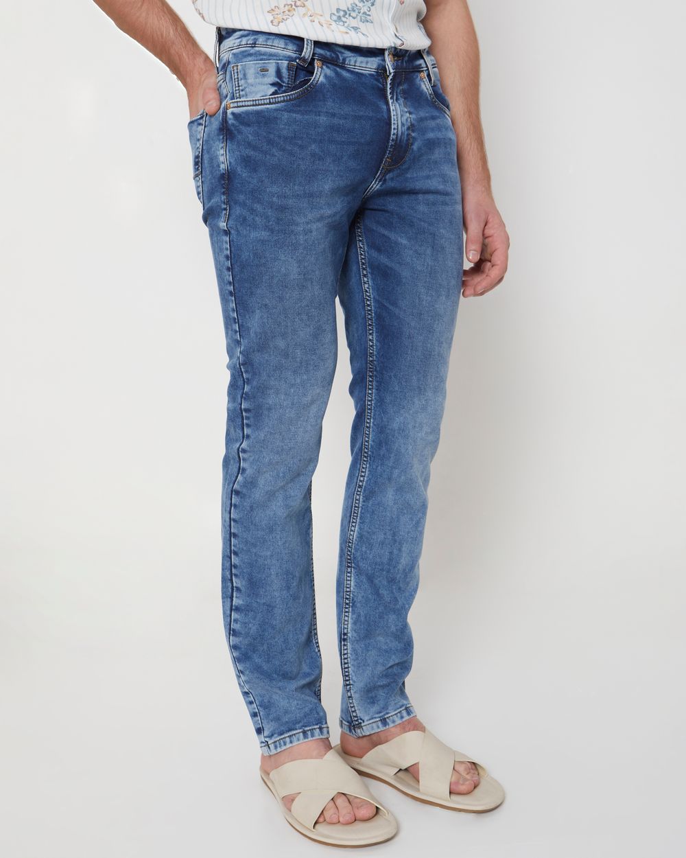Mid Blue Relaxed Straight Fit Denim Deluxe Stretch Jeans