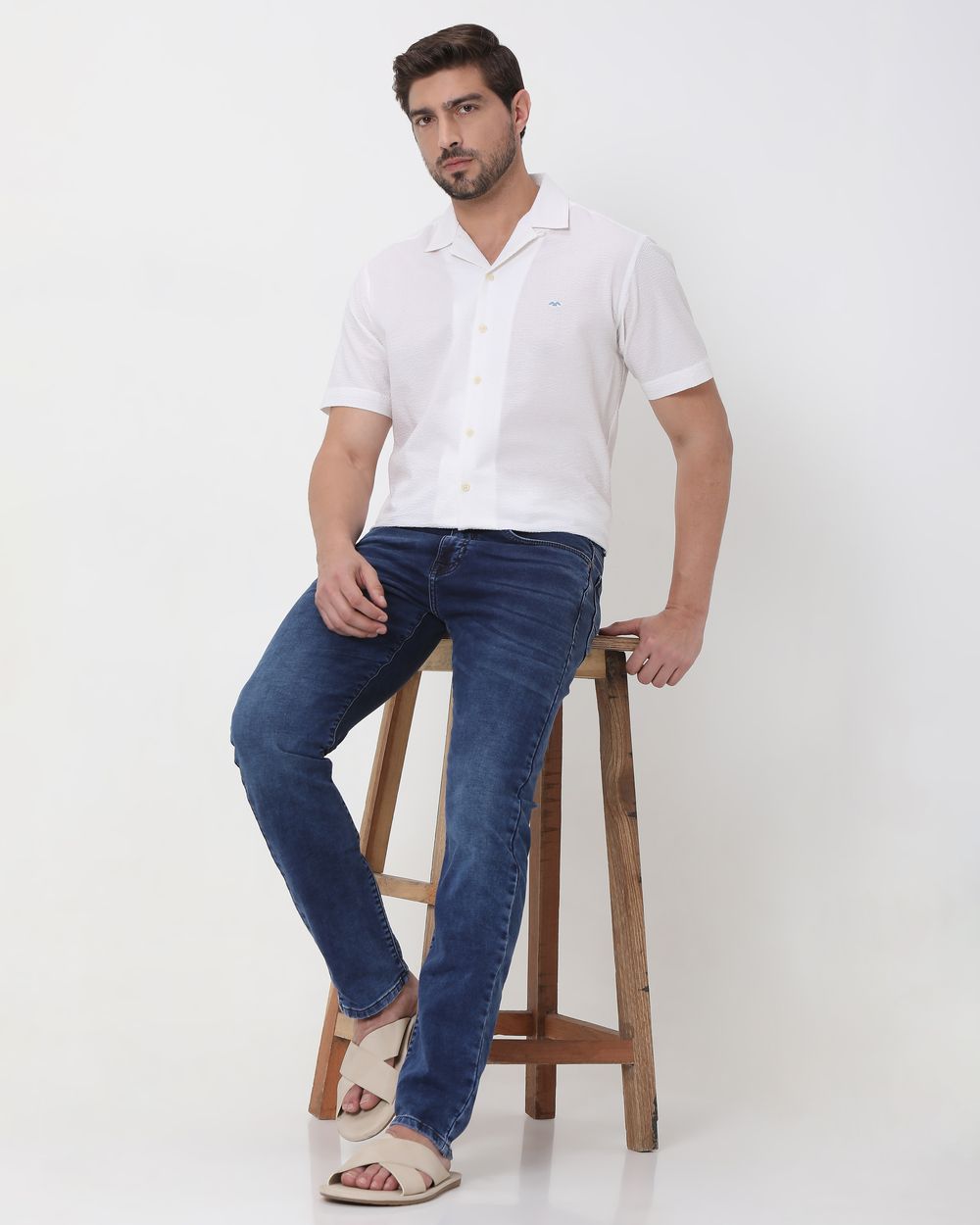 Dark Indigo Blue Relaxed Straight Fit Denim Deluxe Stretch Jeans