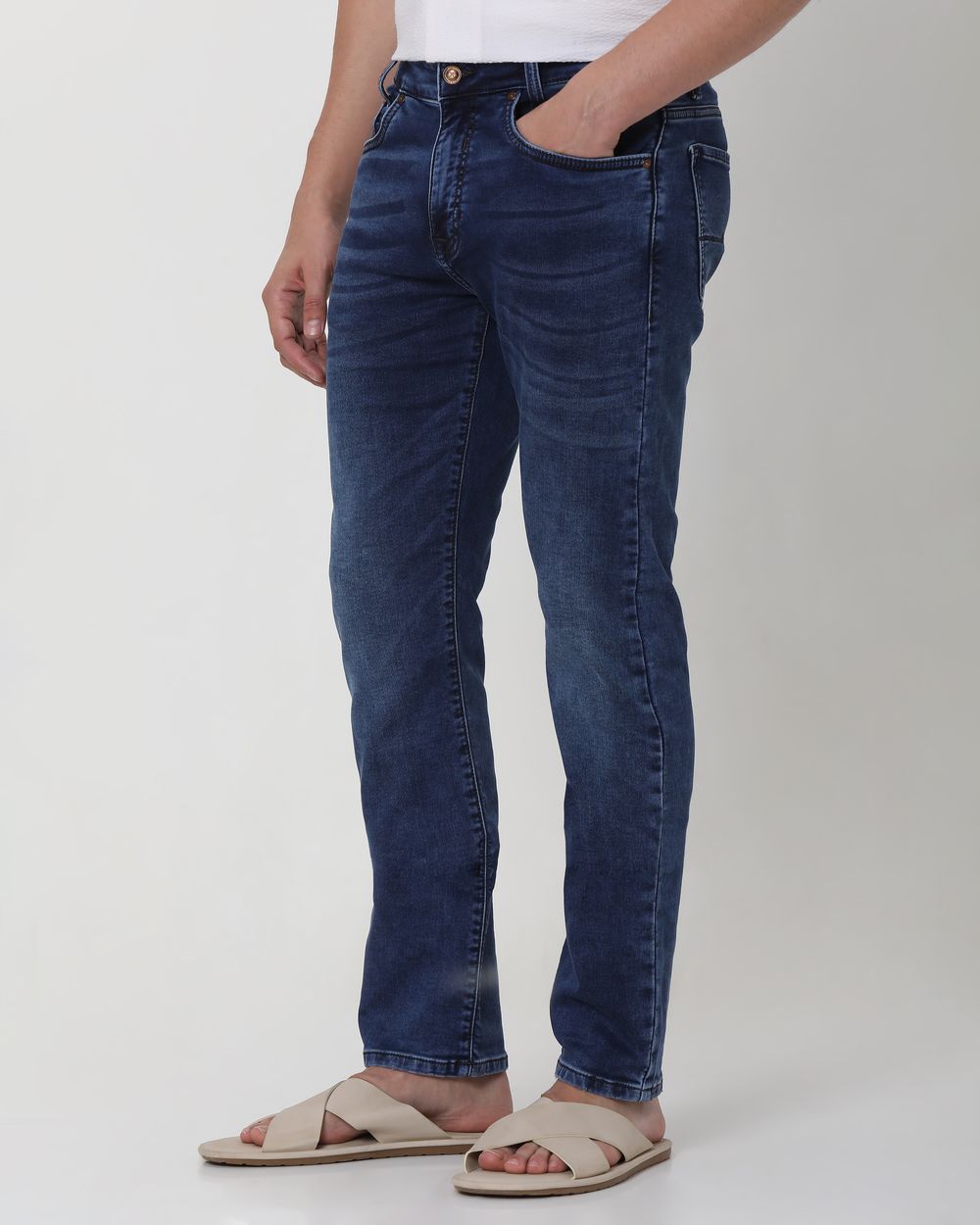 Dark Indigo Blue Relaxed Straight Fit Denim Deluxe Stretch Jeans