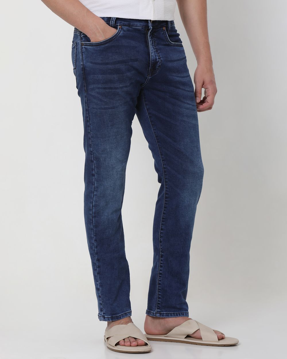 Dark Indigo Blue Relaxed Straight Fit Denim Deluxe Stretch Jeans