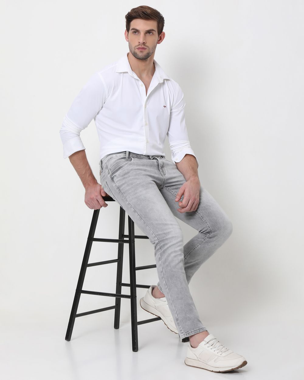 White shirt grey jeans on sale