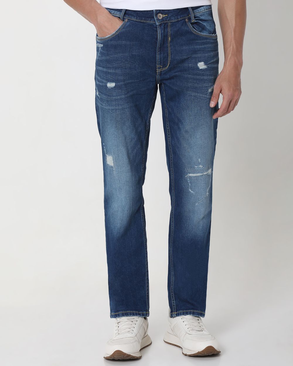 Mid Blue Super Slim Fit Distressed Stretch Jeans