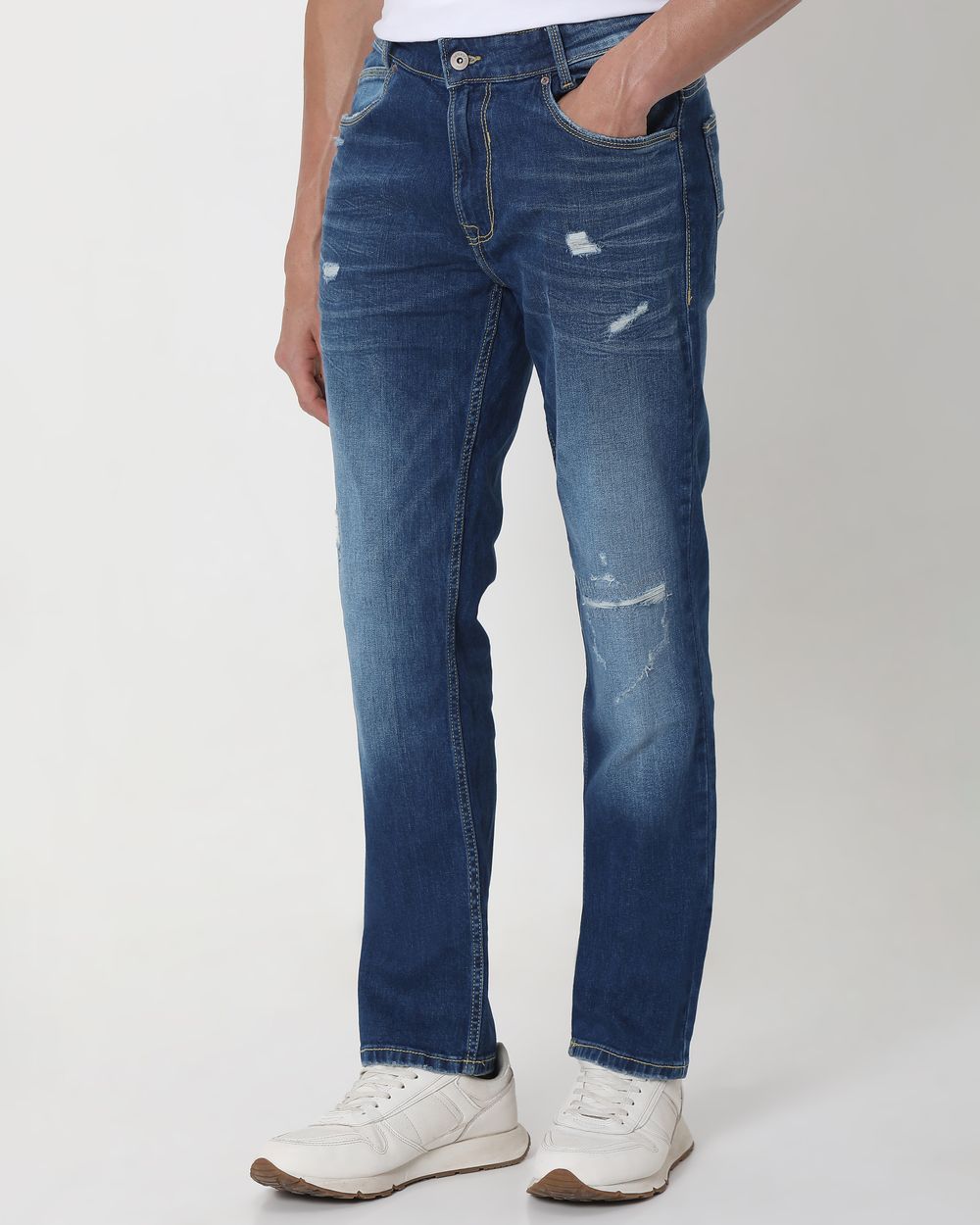 Mid Blue Super Slim Fit Distressed Stretch Jeans