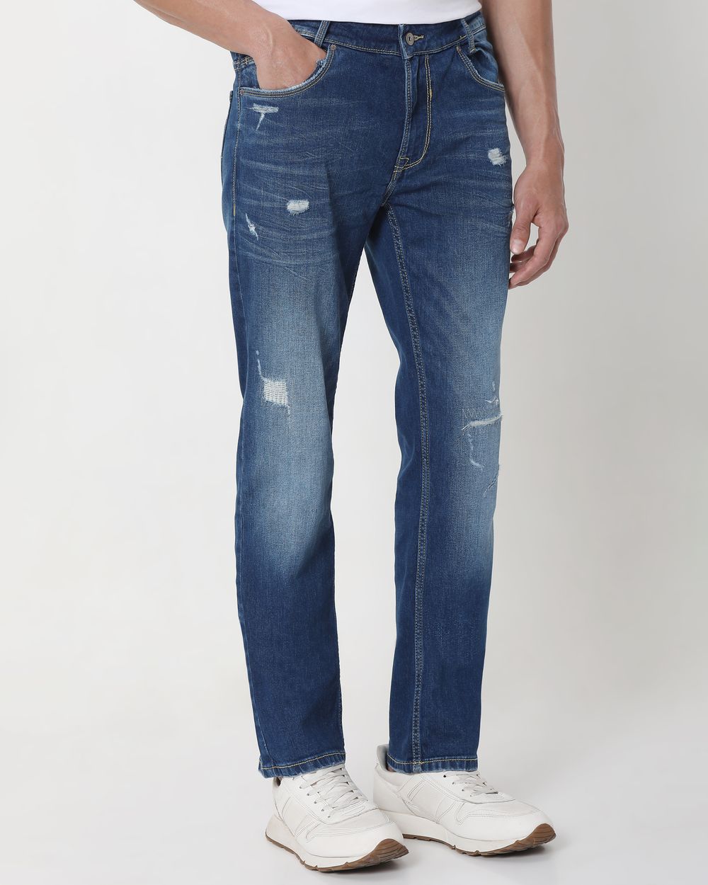 Mid Blue Super Slim Fit Distressed Stretch Jeans