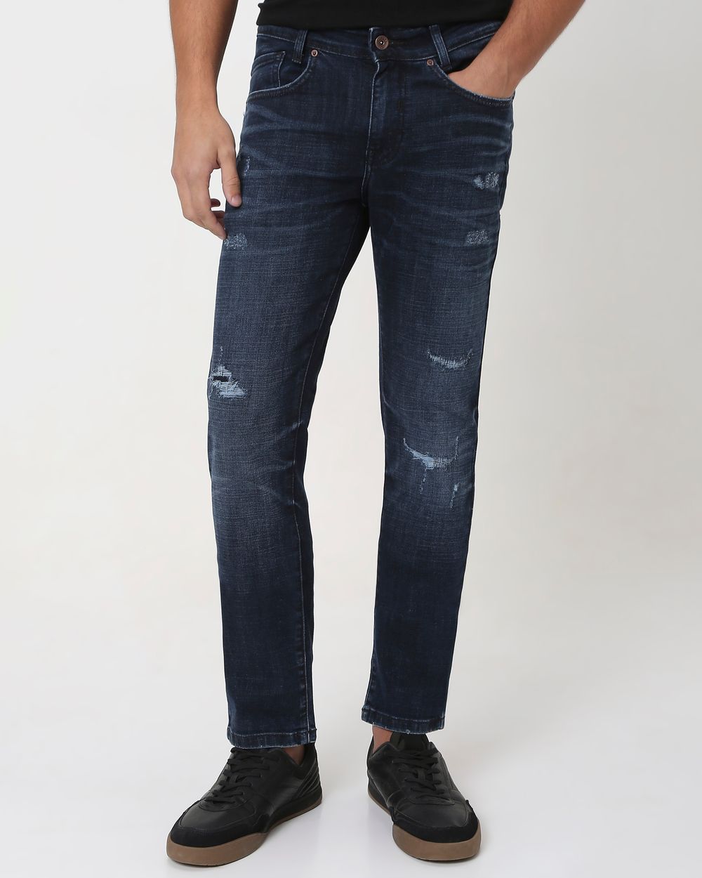 Deep Indigo Blue Super Slim Fit Distressed Stretch Jeans