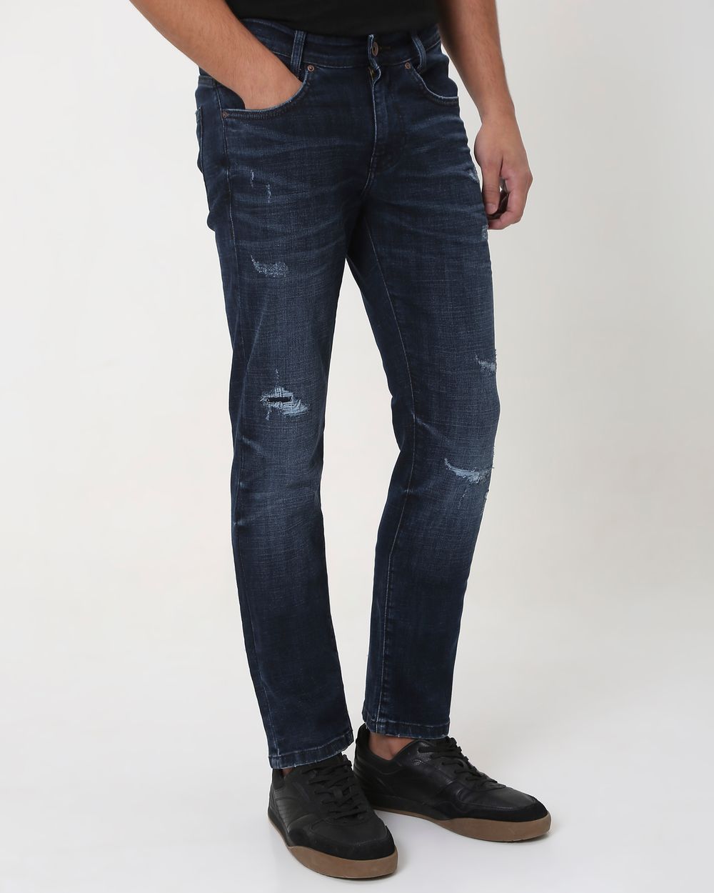 Deep Indigo Blue Super Slim Fit Distressed Stretch Jeans