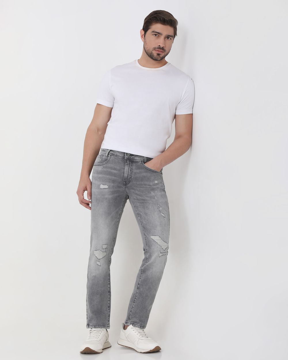 Grey Super Slim Fit Distressed Stretch Jeans