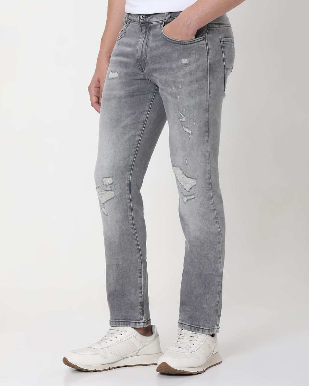 Grey Super Slim Fit Distressed Stretch Jeans