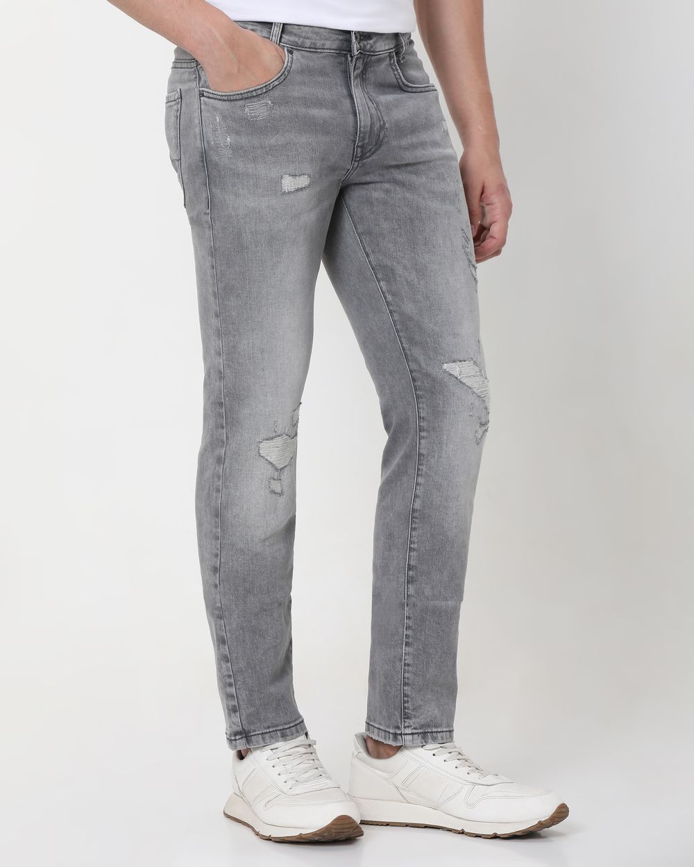 Grey Super Slim Fit Distressed Stretch Jeans