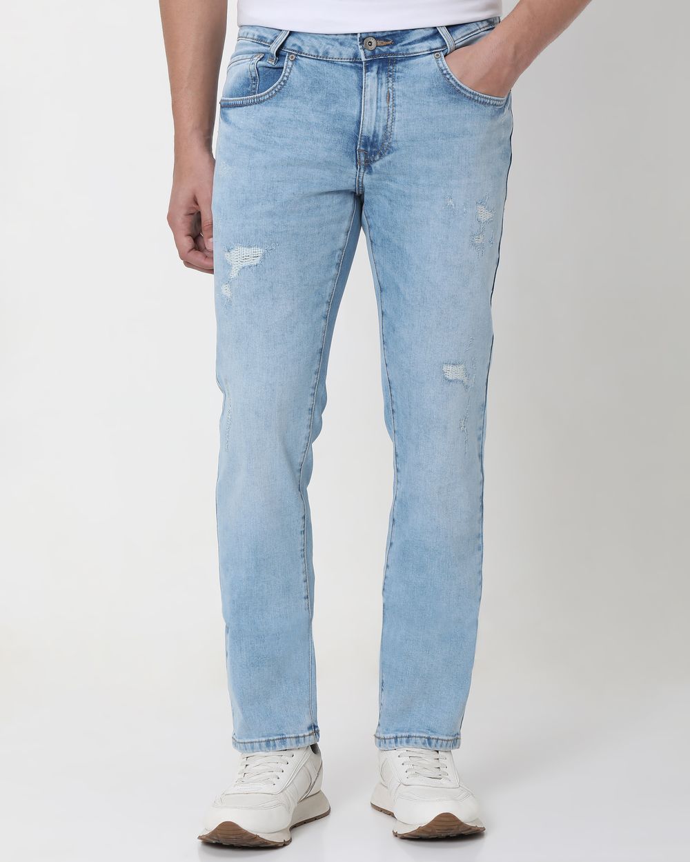 Light Blue Super Slim Fit Distressed Stretch Jeans
