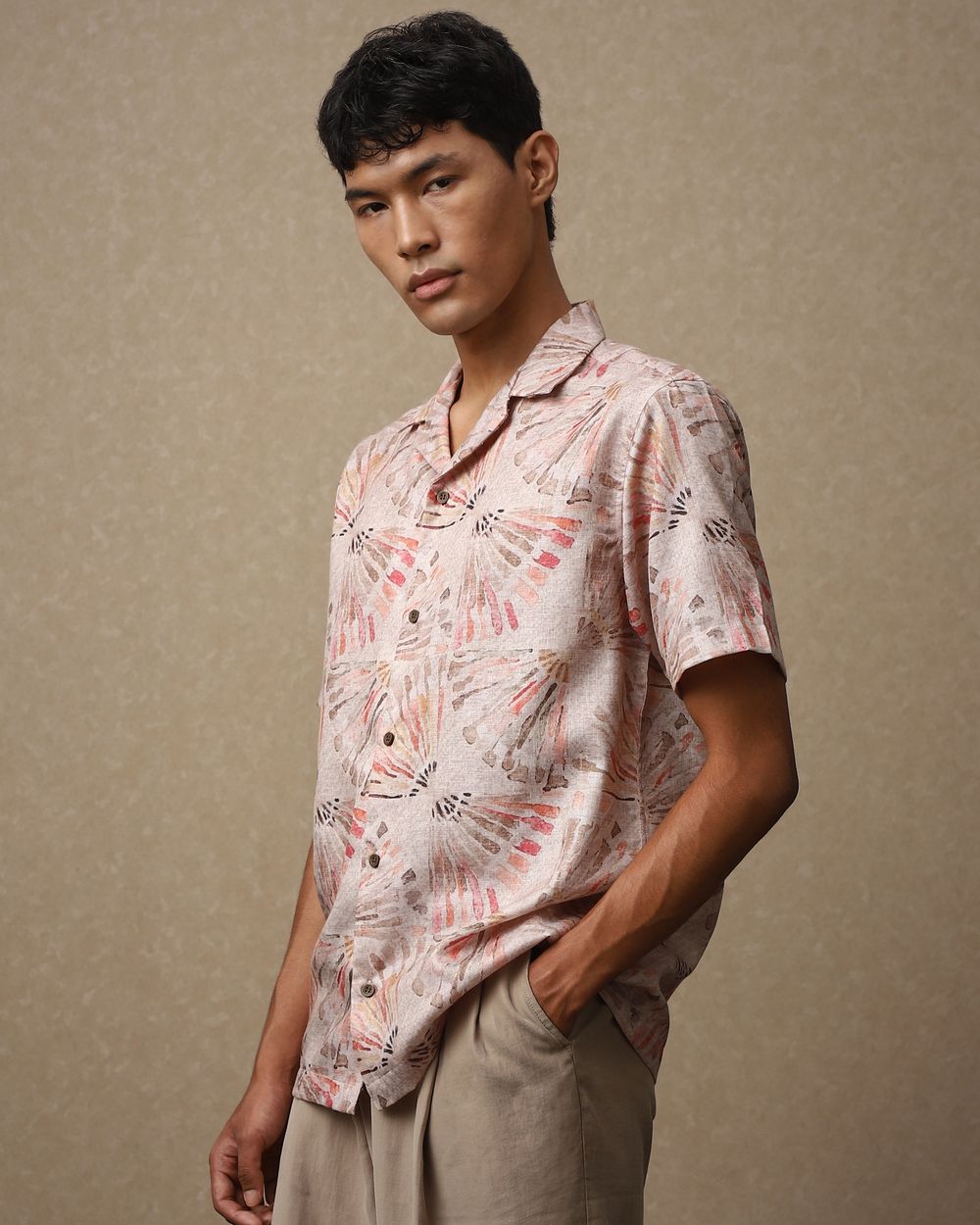 Beige Abstract Print Loose Fit Casual Shirt