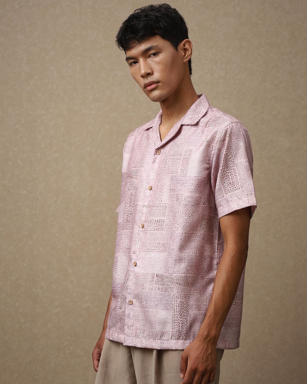 Beige Artisanal Print Loose Fit Casual Shirt