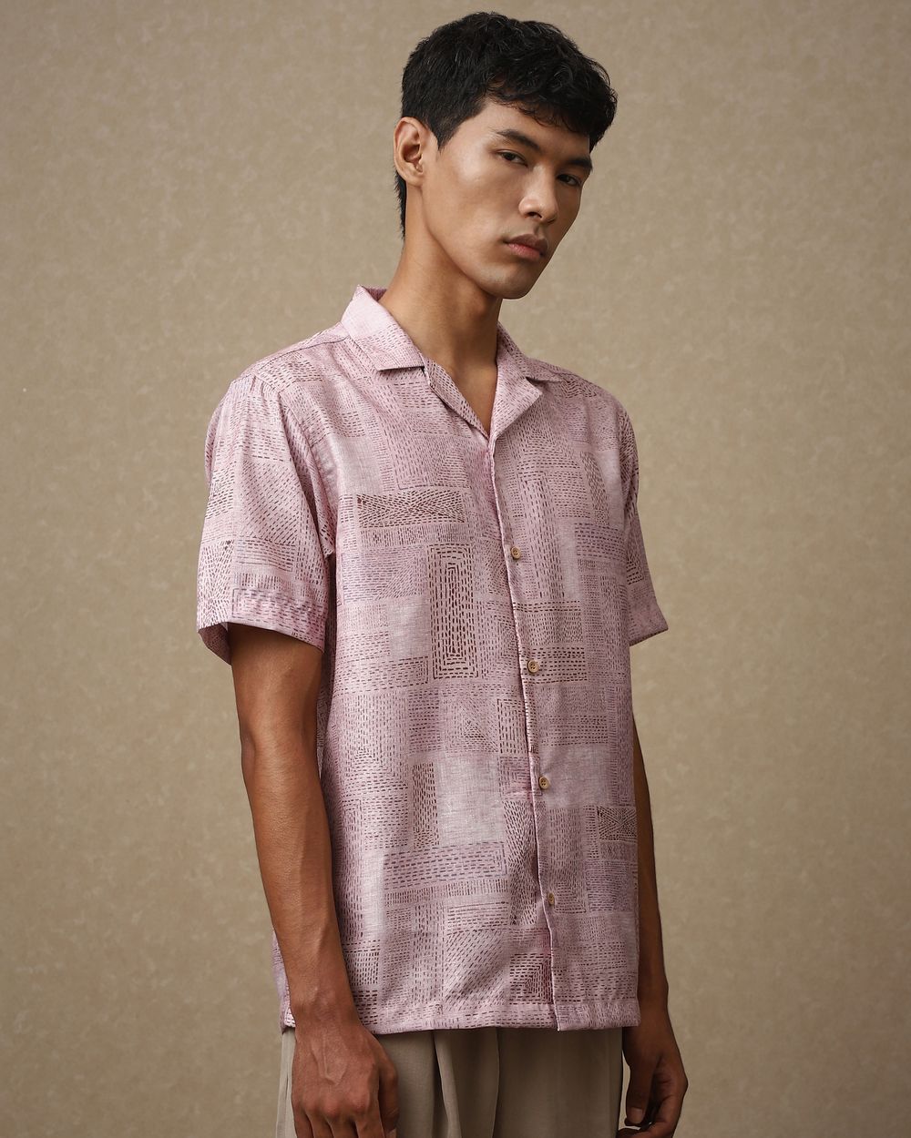 Beige Artisanal Print Loose Fit Casual Shirt