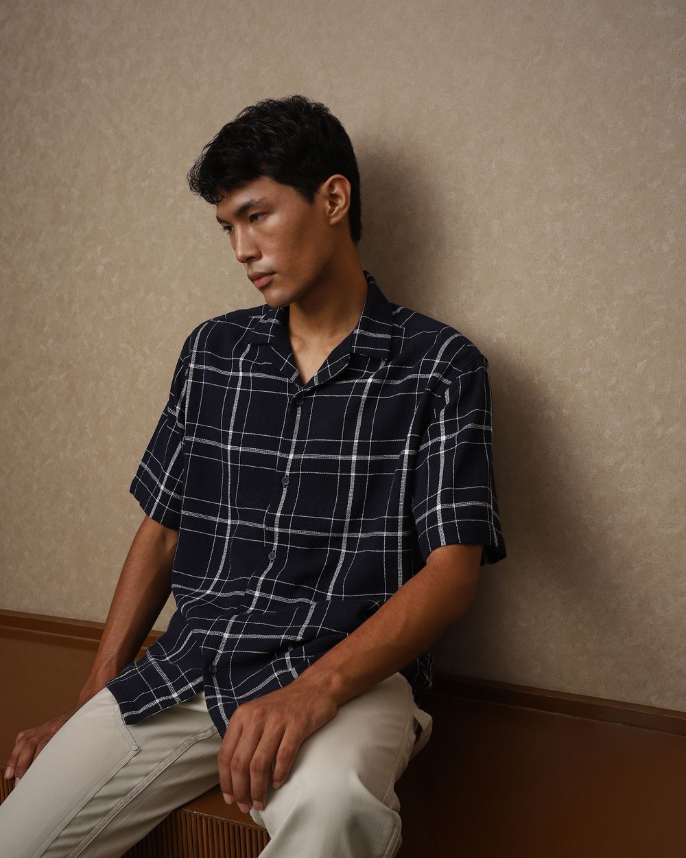 Navy Large Check Loose Fit Casual Shirt