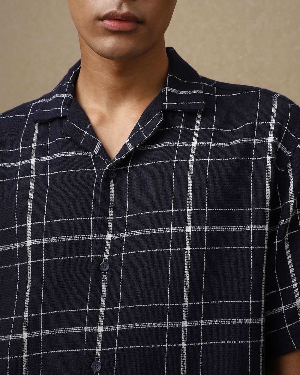 Navy Large Check Loose Fit Casual Shirt