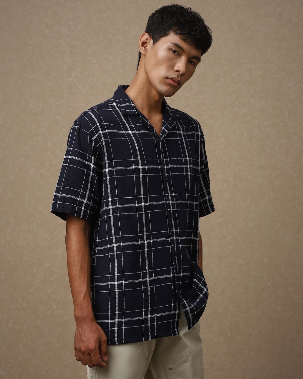 Navy Large Check Loose Fit Casual Shirt