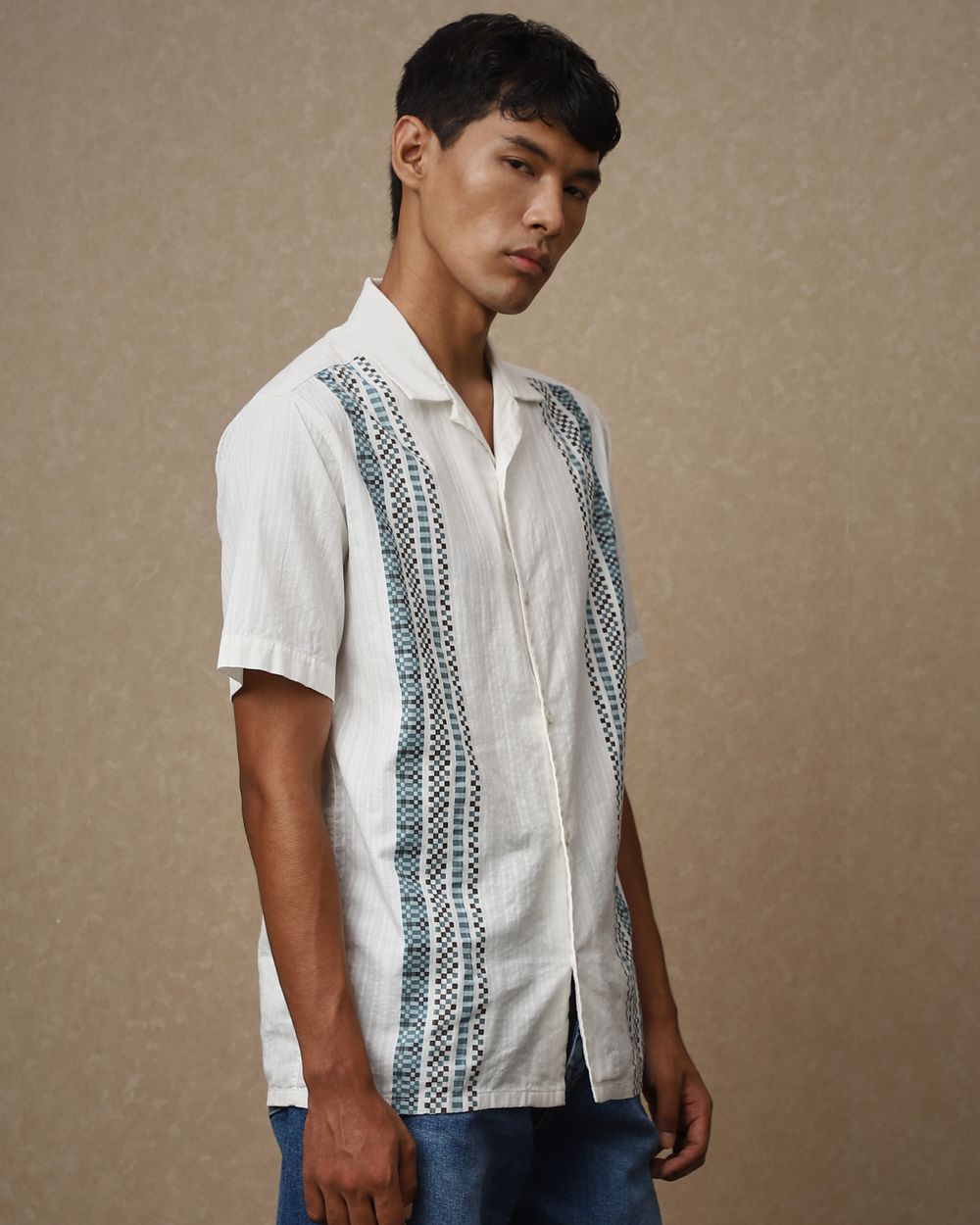 White Dobby Stripe Loose Fit Casual Shirt