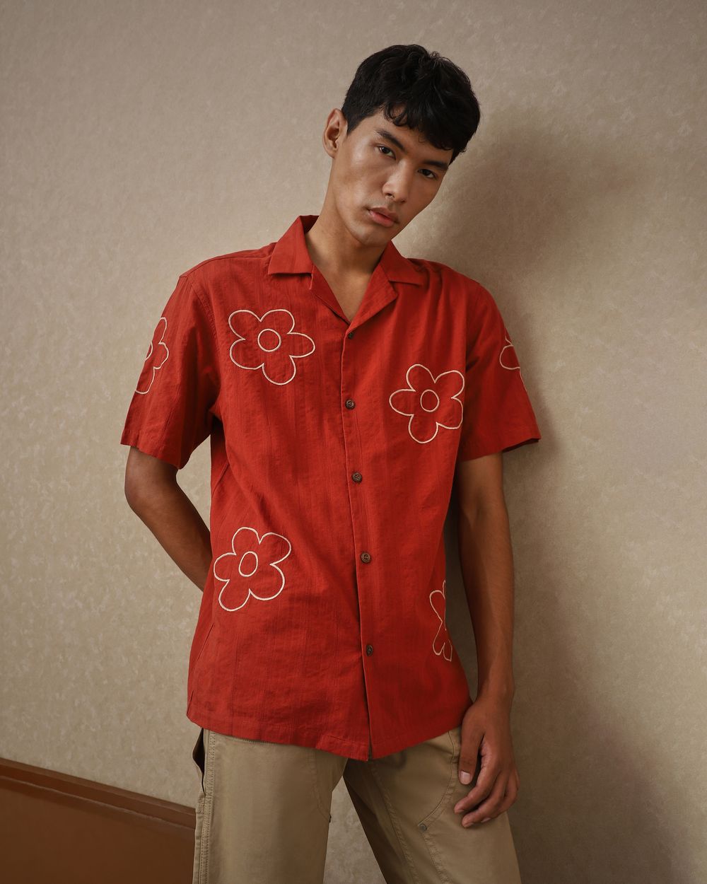 Rust Embroidered Plain Loose Fit Casual Shirt