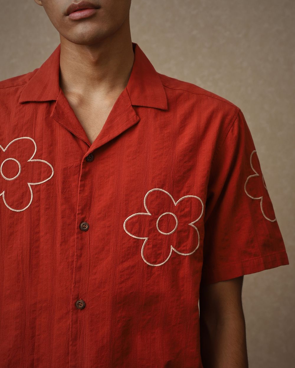 Rust Embroidered Plain Loose Fit Casual Shirt